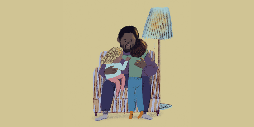 Illustration på en pappa sitter i sin fåtölj och kramar om sina barn.